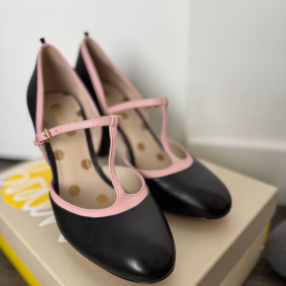 Boden Black and Pink T-Strap Heels